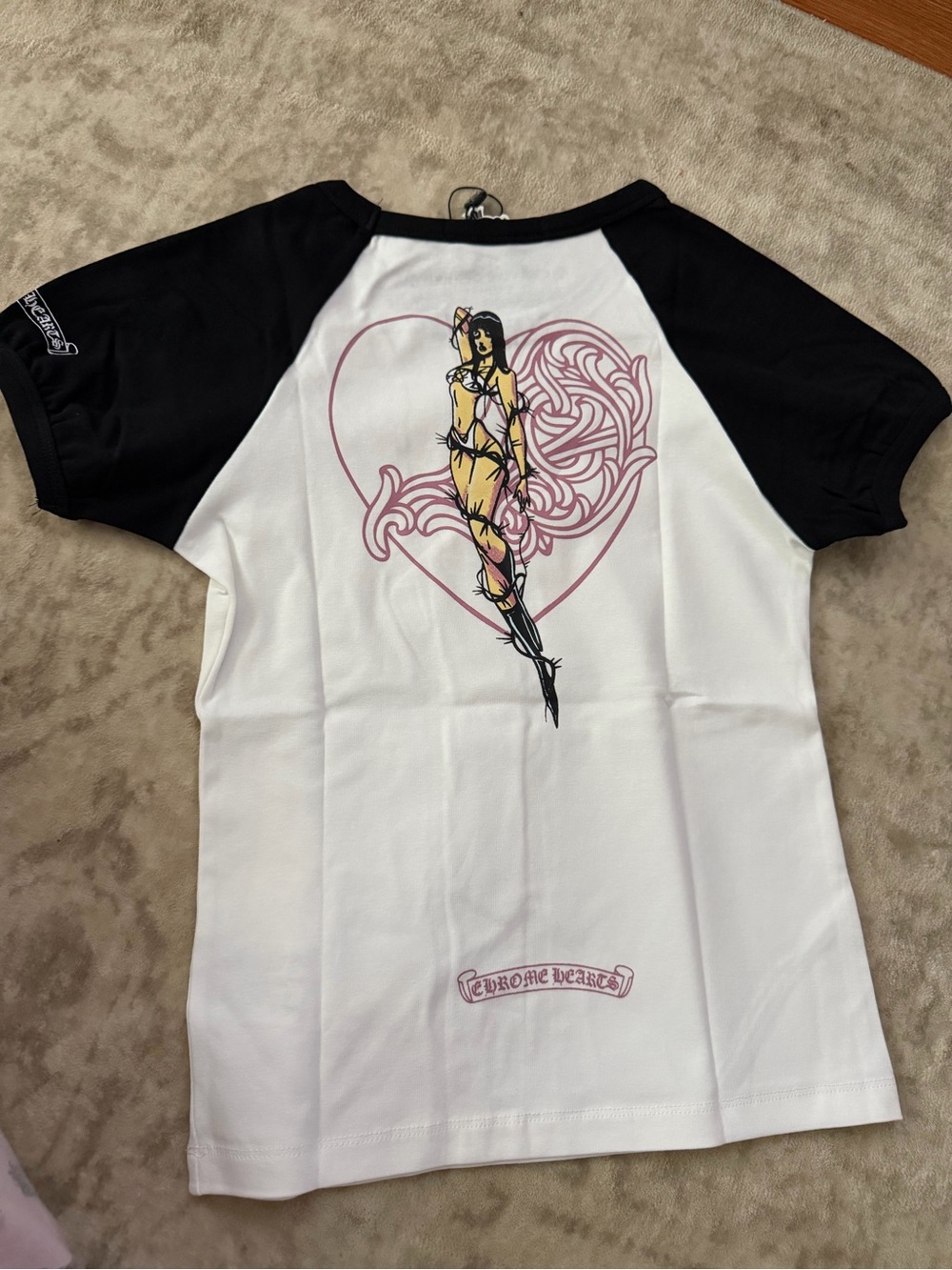 Chrome Hearts Black & White Graphic Heart Swim Tee with Pink Art
